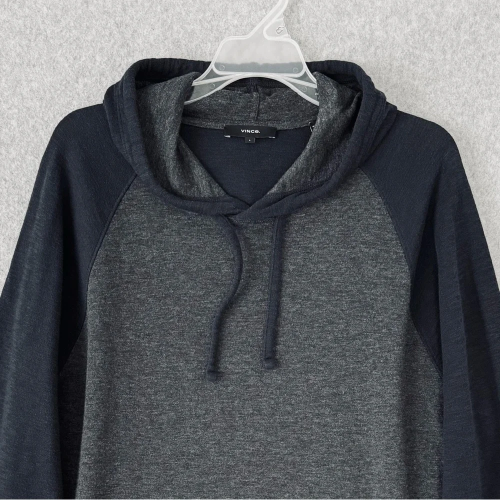 Vince Pullover Hoodie Mens Large Gray Navy Blue Double Knit Long Sleeve Pocket - Picture 2 of 15